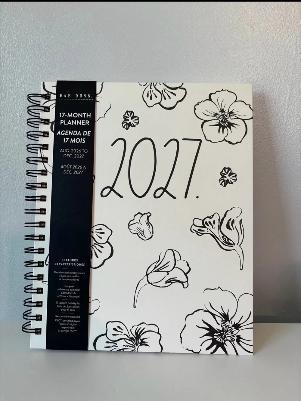 Rae Dunn Black & White Floral 2027 17-Month Spiral Planner